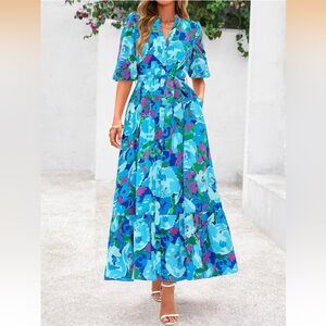 NWOT Blue Multicolor Floral Button Down 3/4 Puff Sleeve Easter Maxi Dress Small